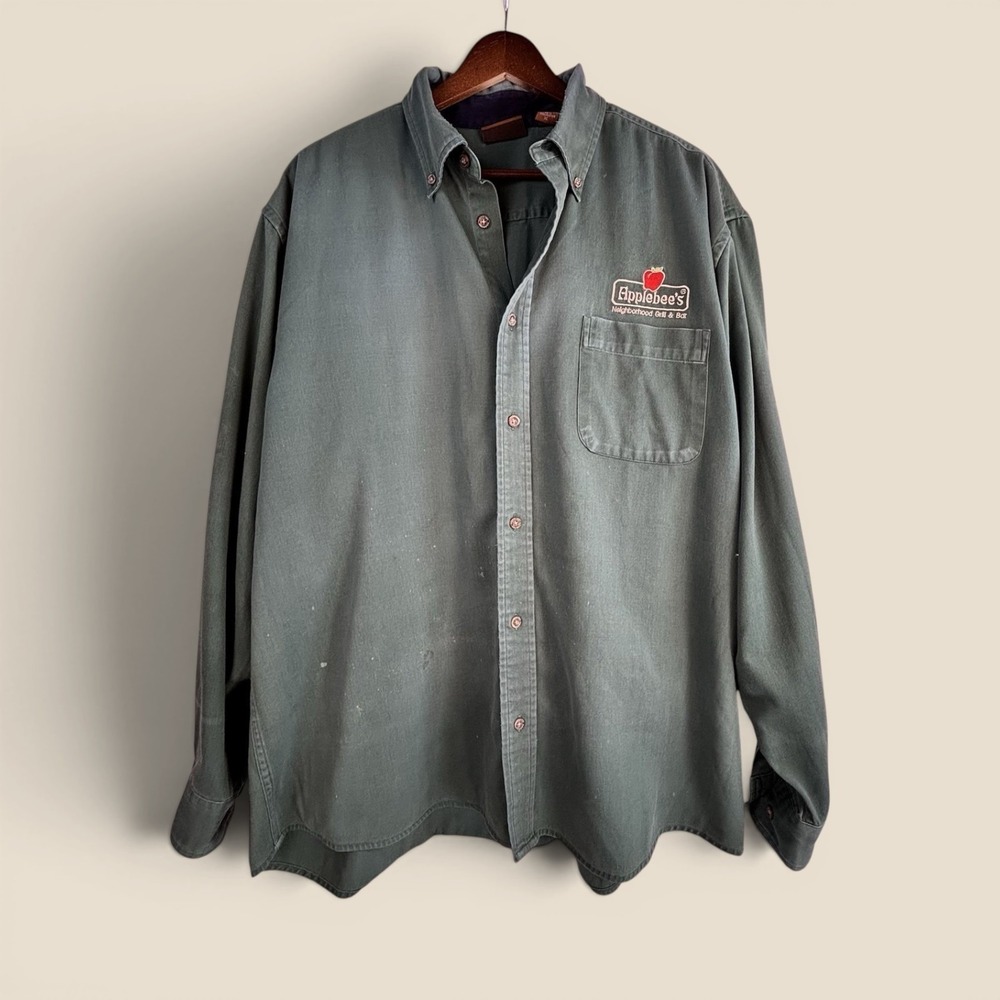 Vintage Button Down Shirt XL Green Cotton Poly Applebee's Logo Employee